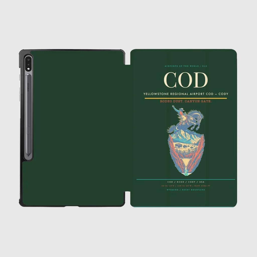 Yellowstone Regional Airport (COD) design on dark green samsung tablet tablet case