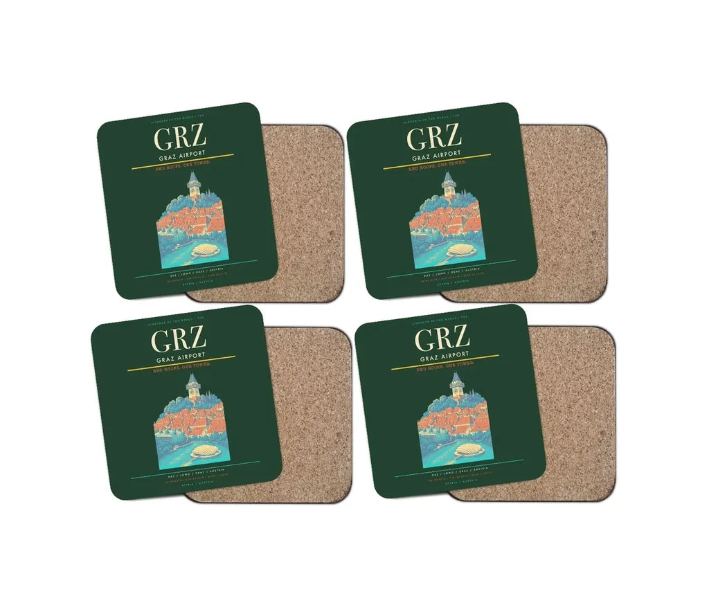 Graz Airport (GRZ) design on dark green 4 pieces set coaster