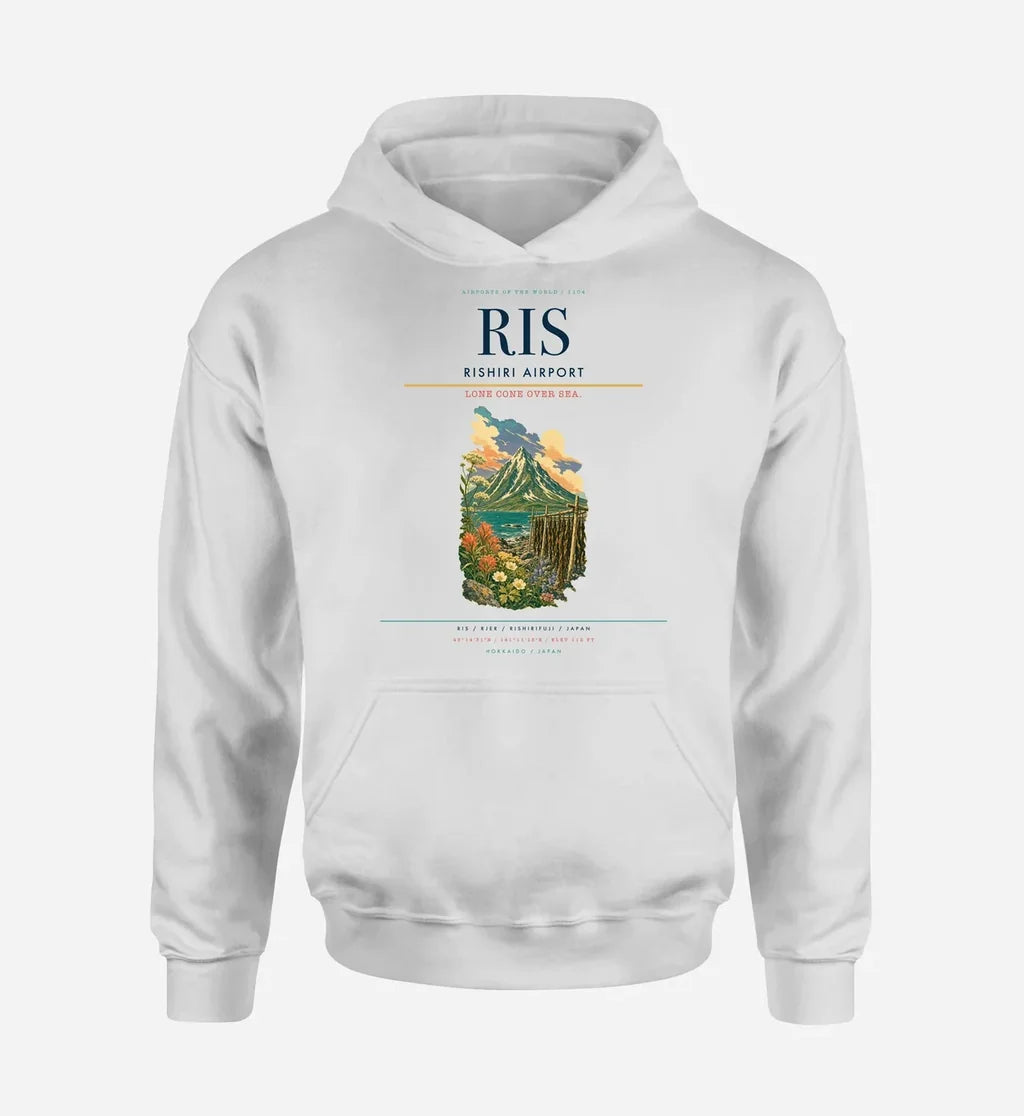 Rishiri Airport (RIS) design on white hoodie single-side print