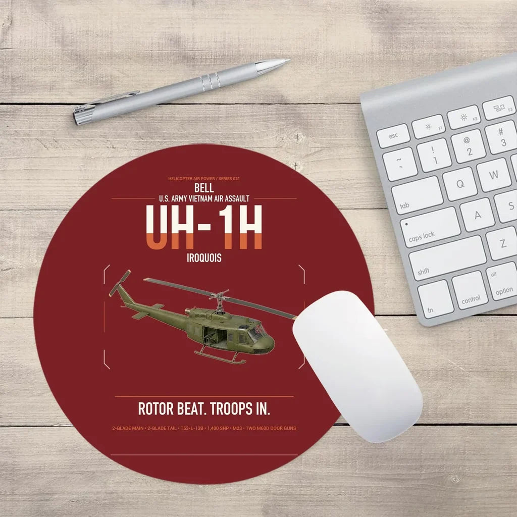 Bell UH-1H Iroquois design on dark red round mouse pad