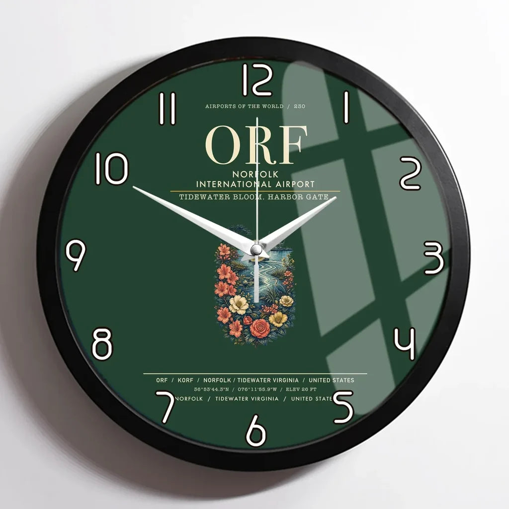 Norfolk International Airport (ORF) design on dark green framed wall clock