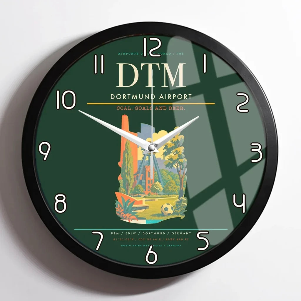 Dortmund Airport (DTM) design on dark green framed wall clock