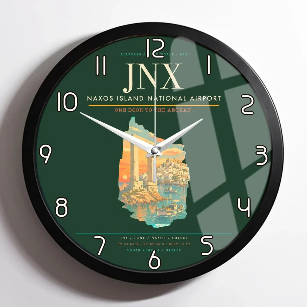Naxos Island National Airport (JNX) design on dark green framed wall clock