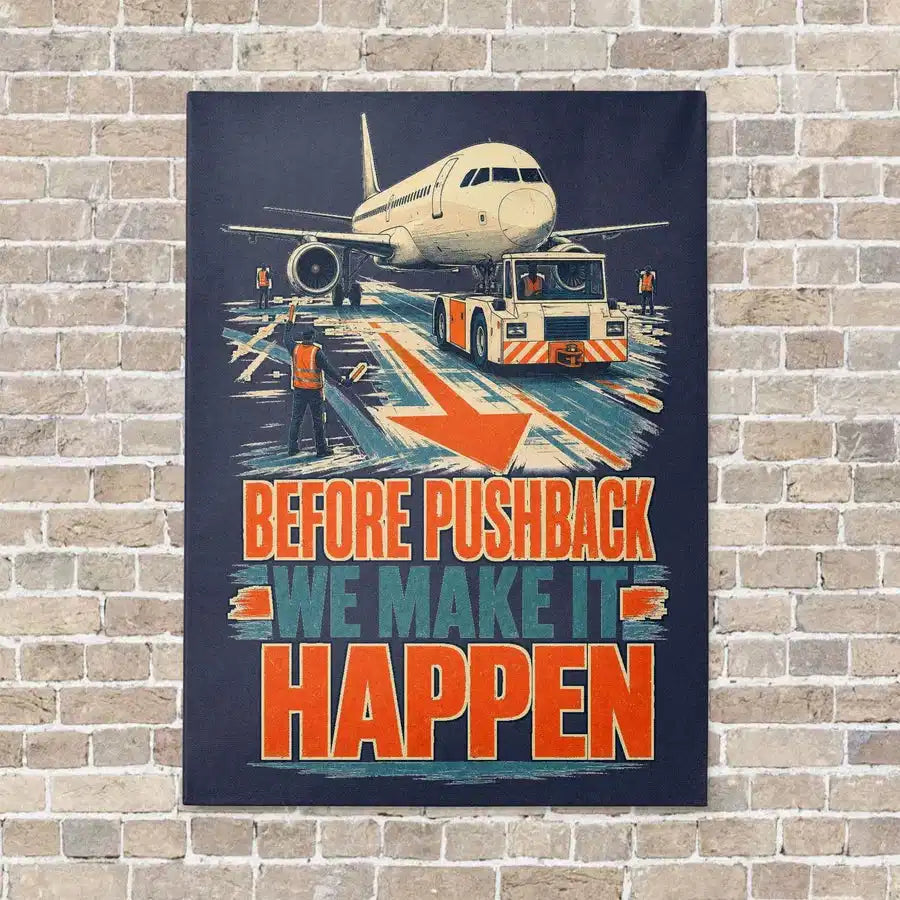 Before Pushback We Make It Happen vertical canvas print - no frame - navy blue background