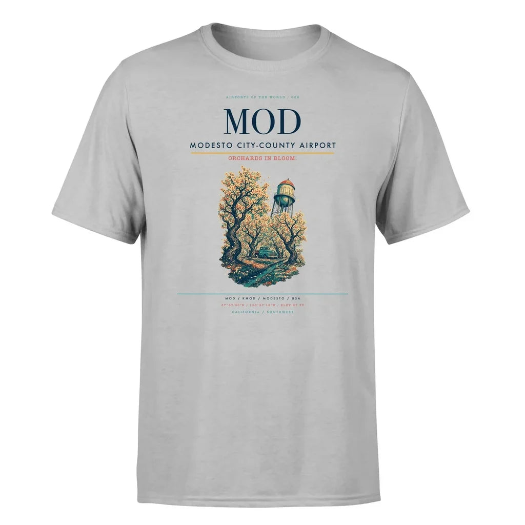 Modesto City-County Airport (MOD) T-Shirt single-side front print in Light Gray | modesto-city-county-airport-mod-double-side-t-shirt