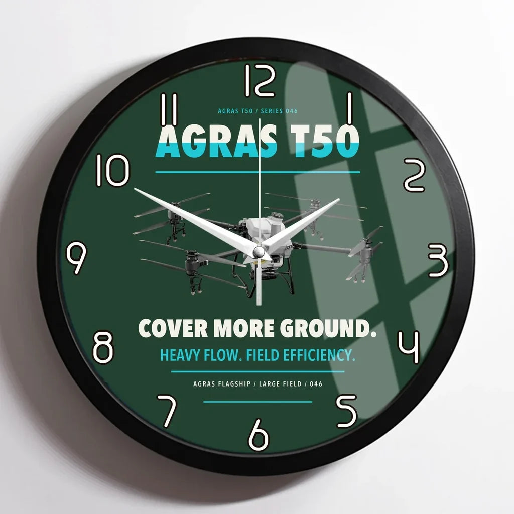 DJI Agras T50 design on dark green framed wall clock