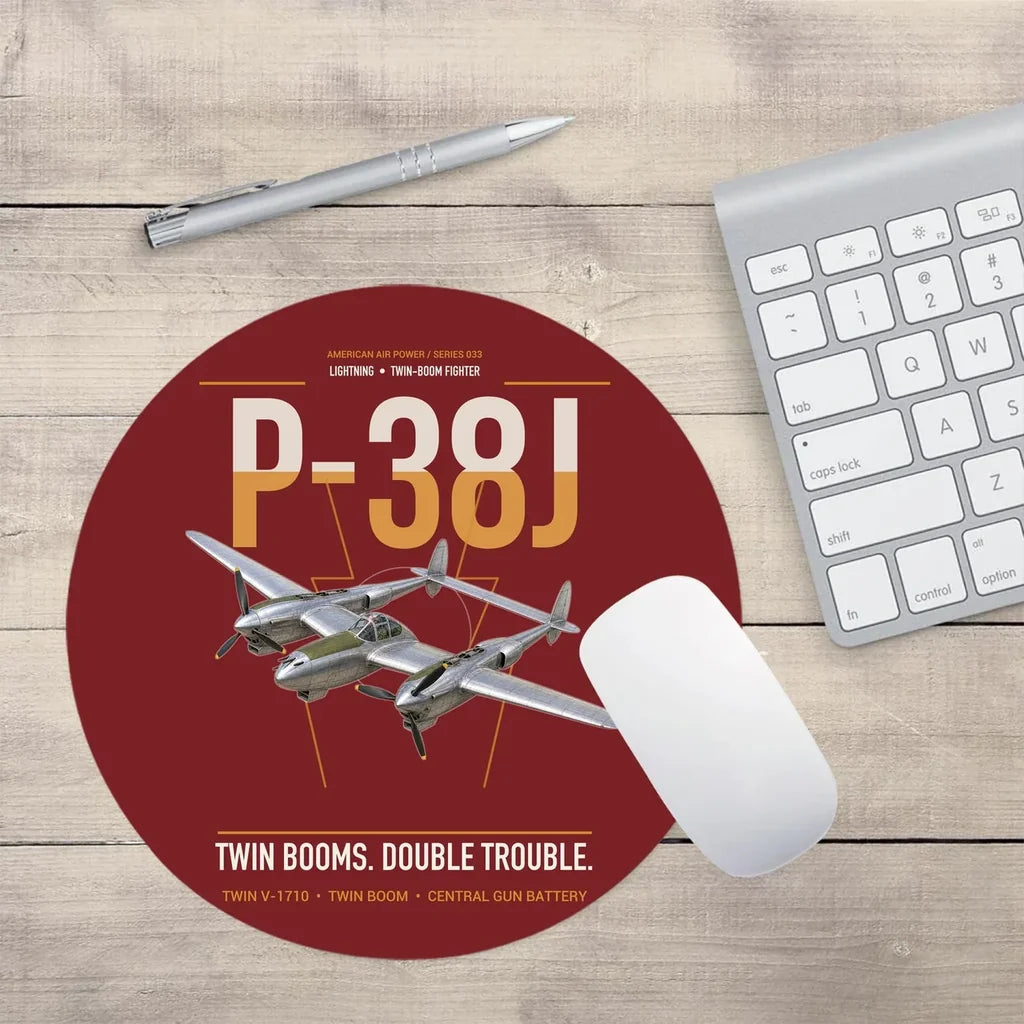 P-38J Lightning design on dark red round mouse pad