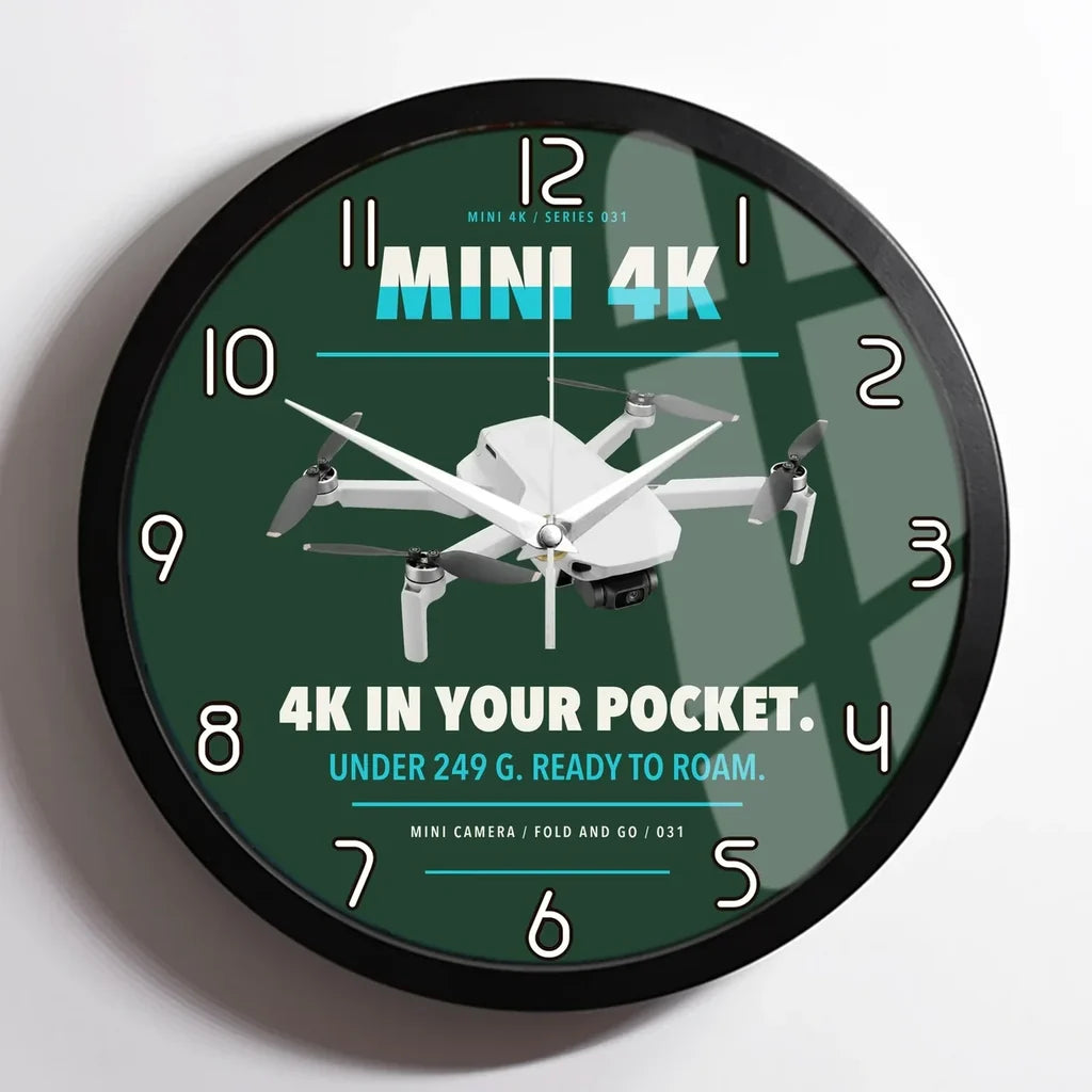 DJI Mini 4K design on dark green framed wall clock