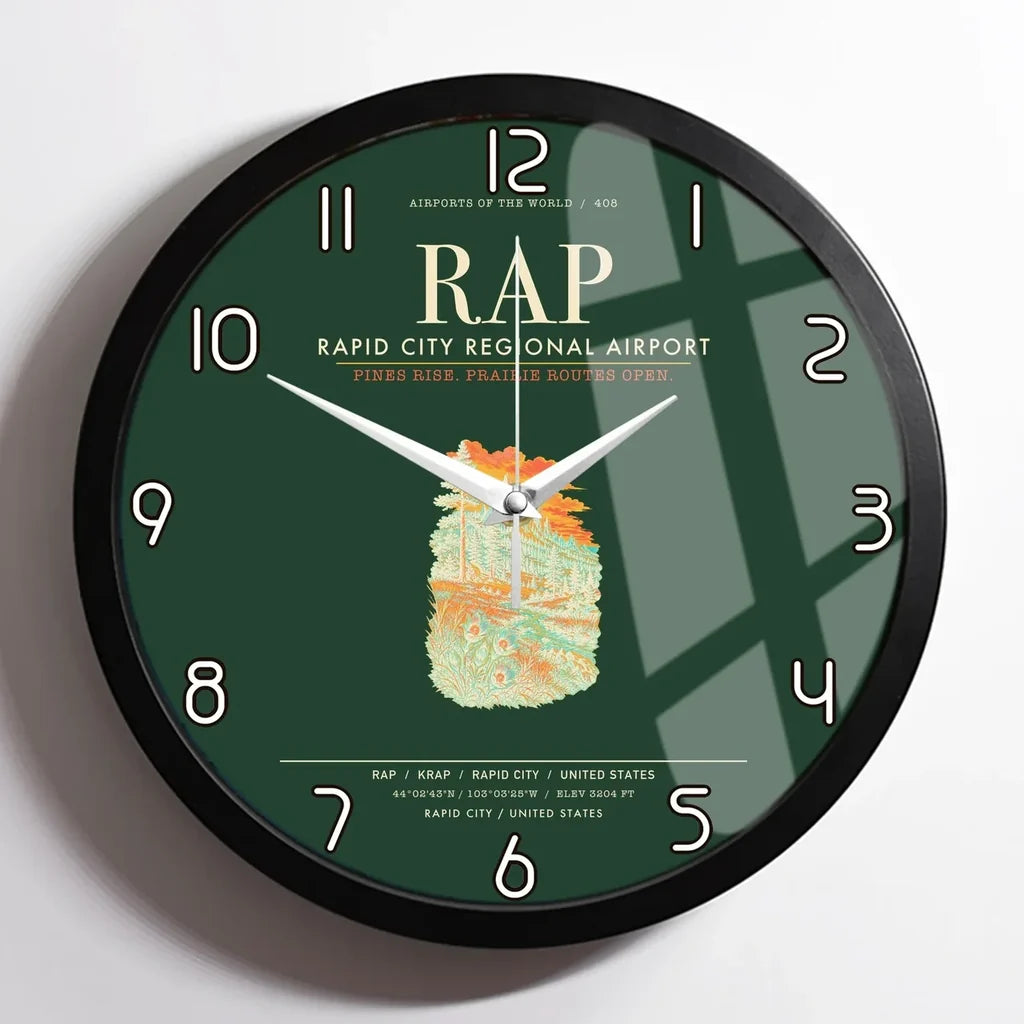 Rapid City Regional Airport (RAP) design on dark green framed wall clock