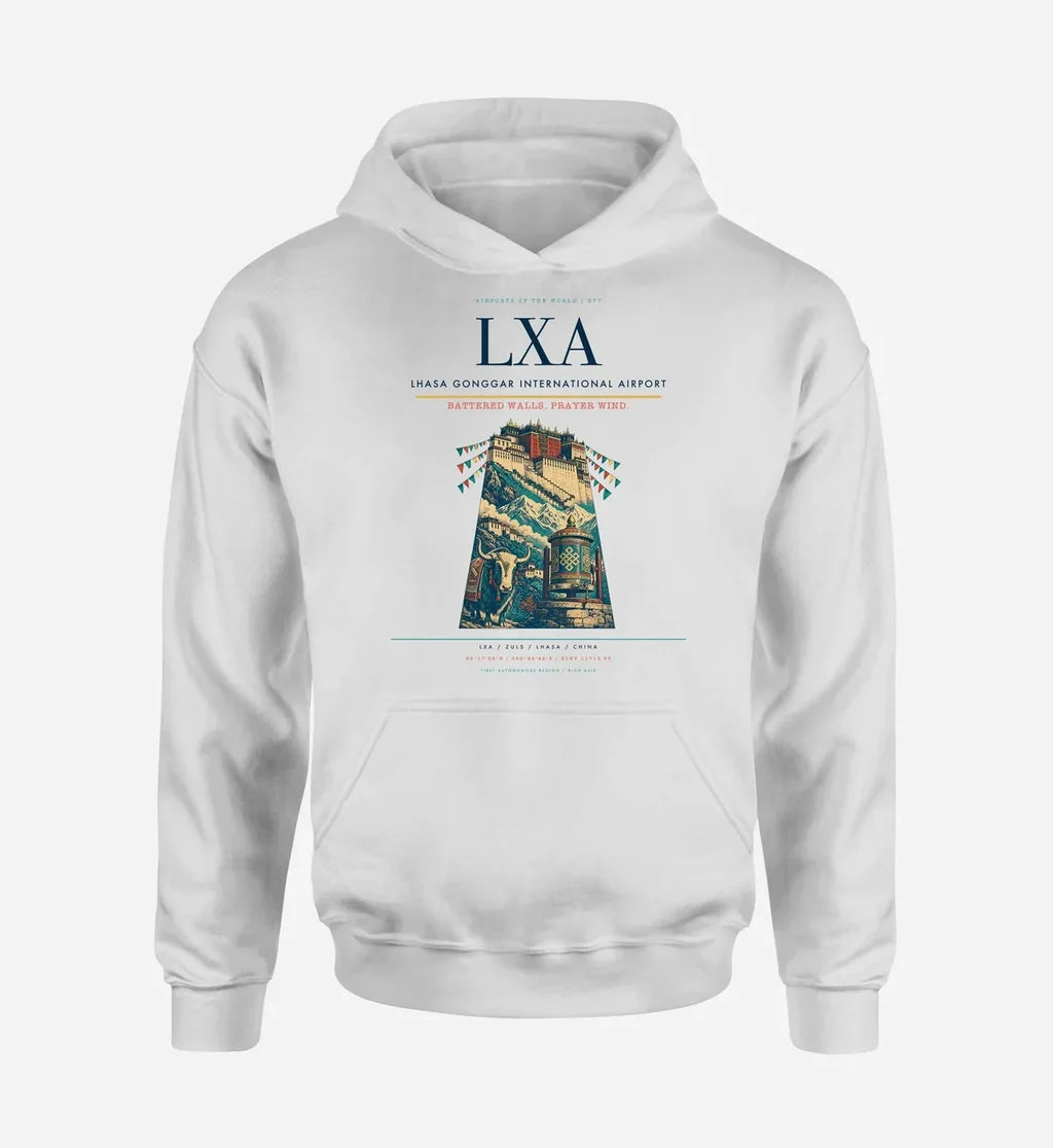 Lhasa Gonggar International Airport (LXA) design on white hoodie single-side print