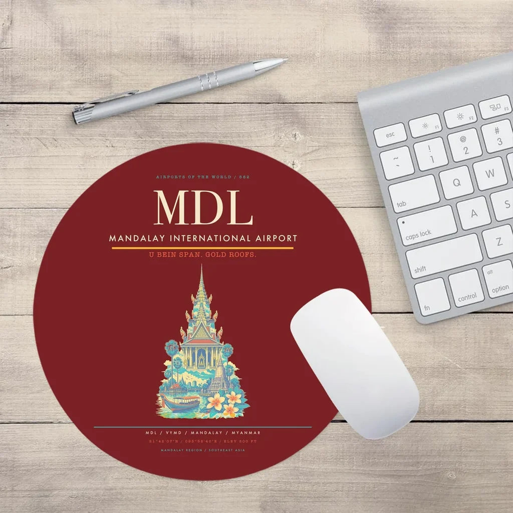 Mandalay International Airport (MDL) design on dark red round mouse pad