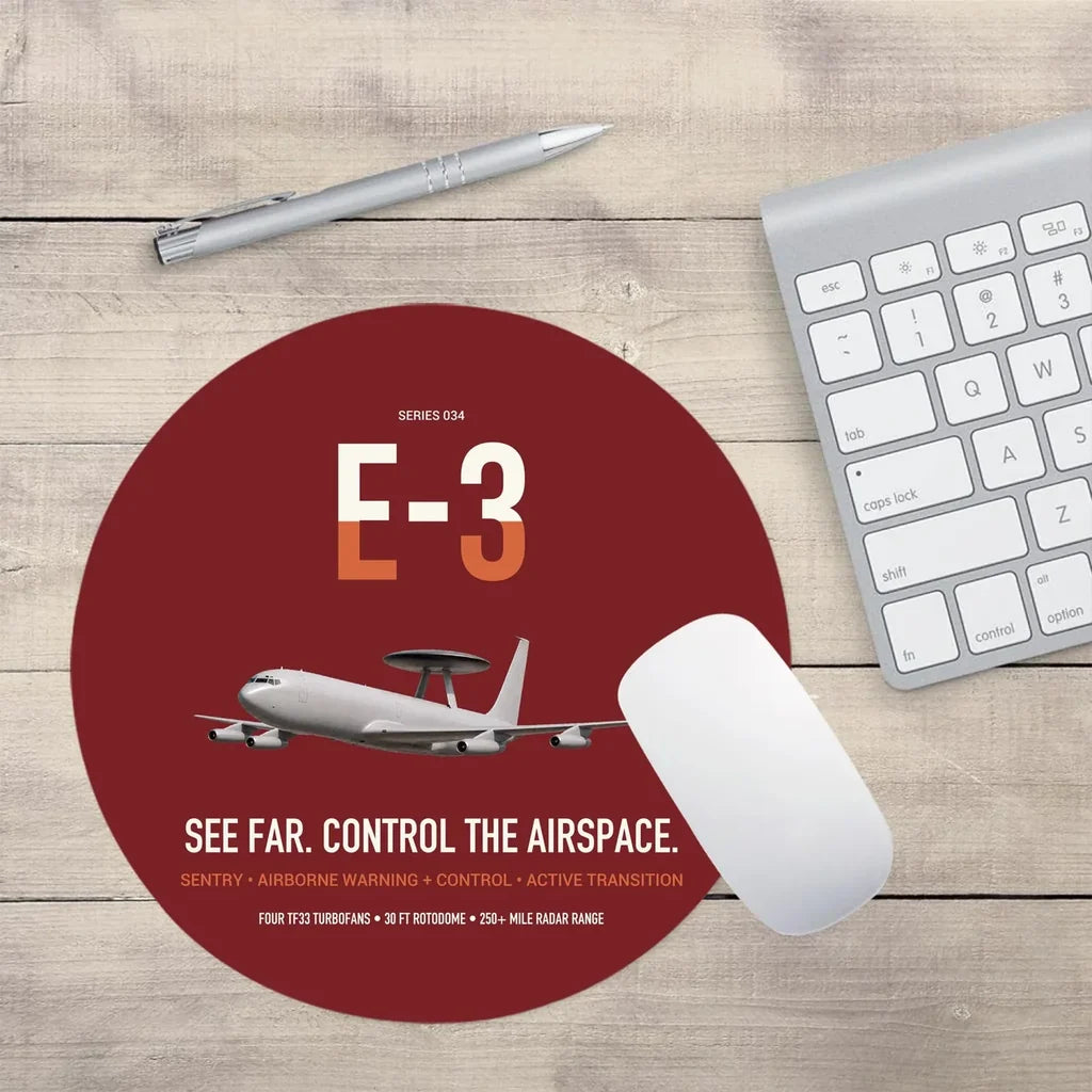 E-3 Sentry AWACS design on dark red round mouse pad