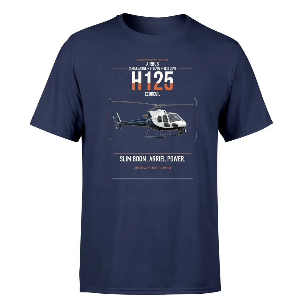 Airbus H125 design on navy blue t-shirt, single-side print
