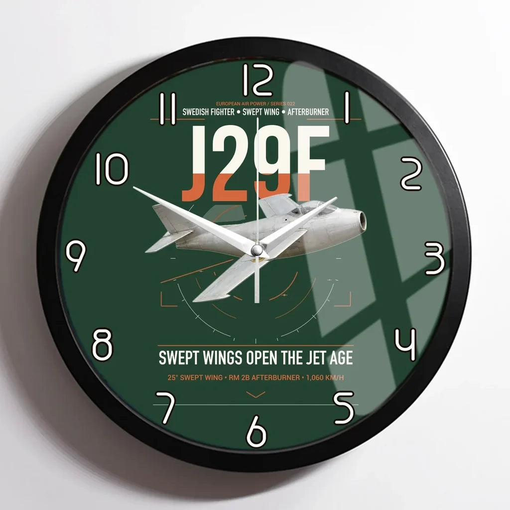 Saab J 29F Tunnan design on dark green framed wall clock
