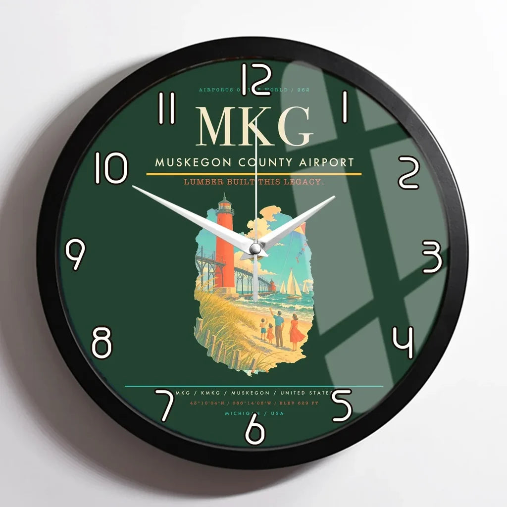 Muskegon County Airport (MKG) design on dark green framed wall clock