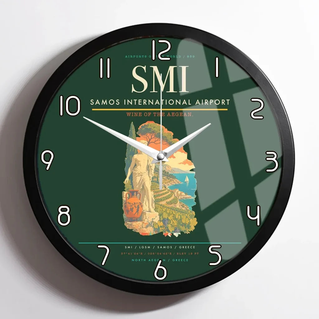 Samos International Airport (SMI) design on dark green framed wall clock