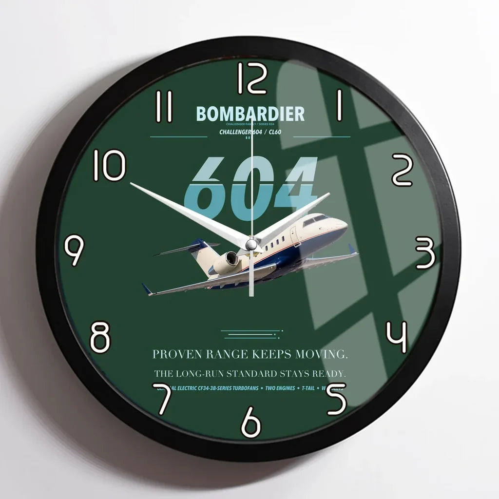 Bombardier Challenger 604 design on dark green framed wall clock