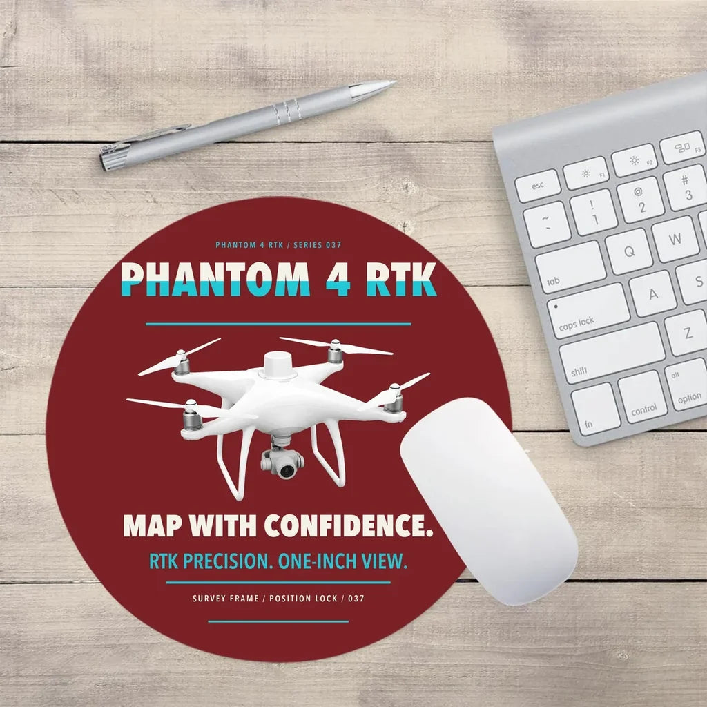 DJI Phantom 4 RTK design on dark red round mouse pad