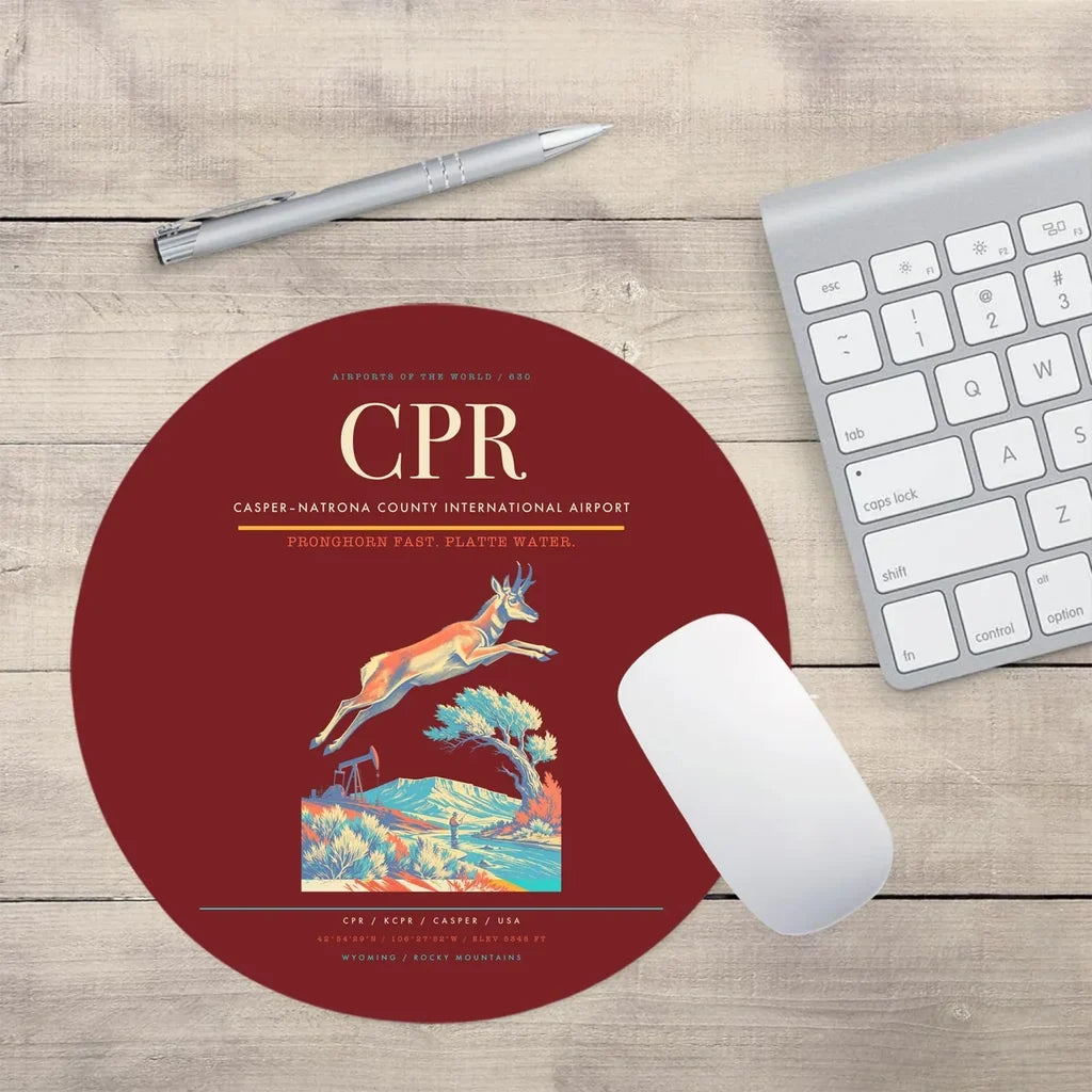 Casper–Natrona County International Airport (CPR) design on dark red round mouse pad