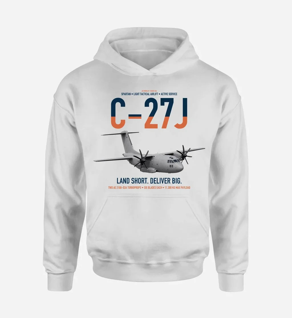 C-27J Spartan design on white double-side hoodie, single-side print