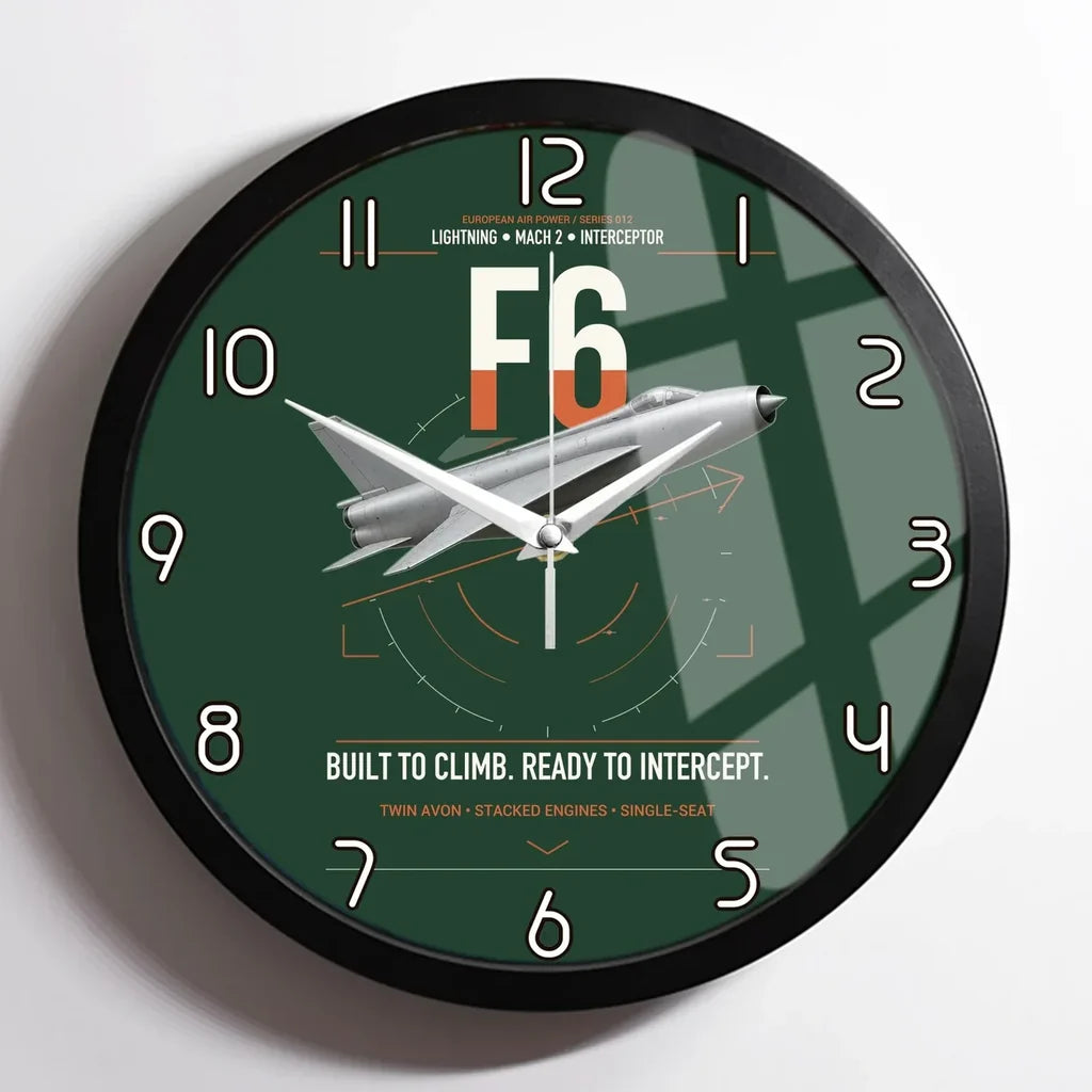 English Electric Lightning F6 design on dark green framed wall clock