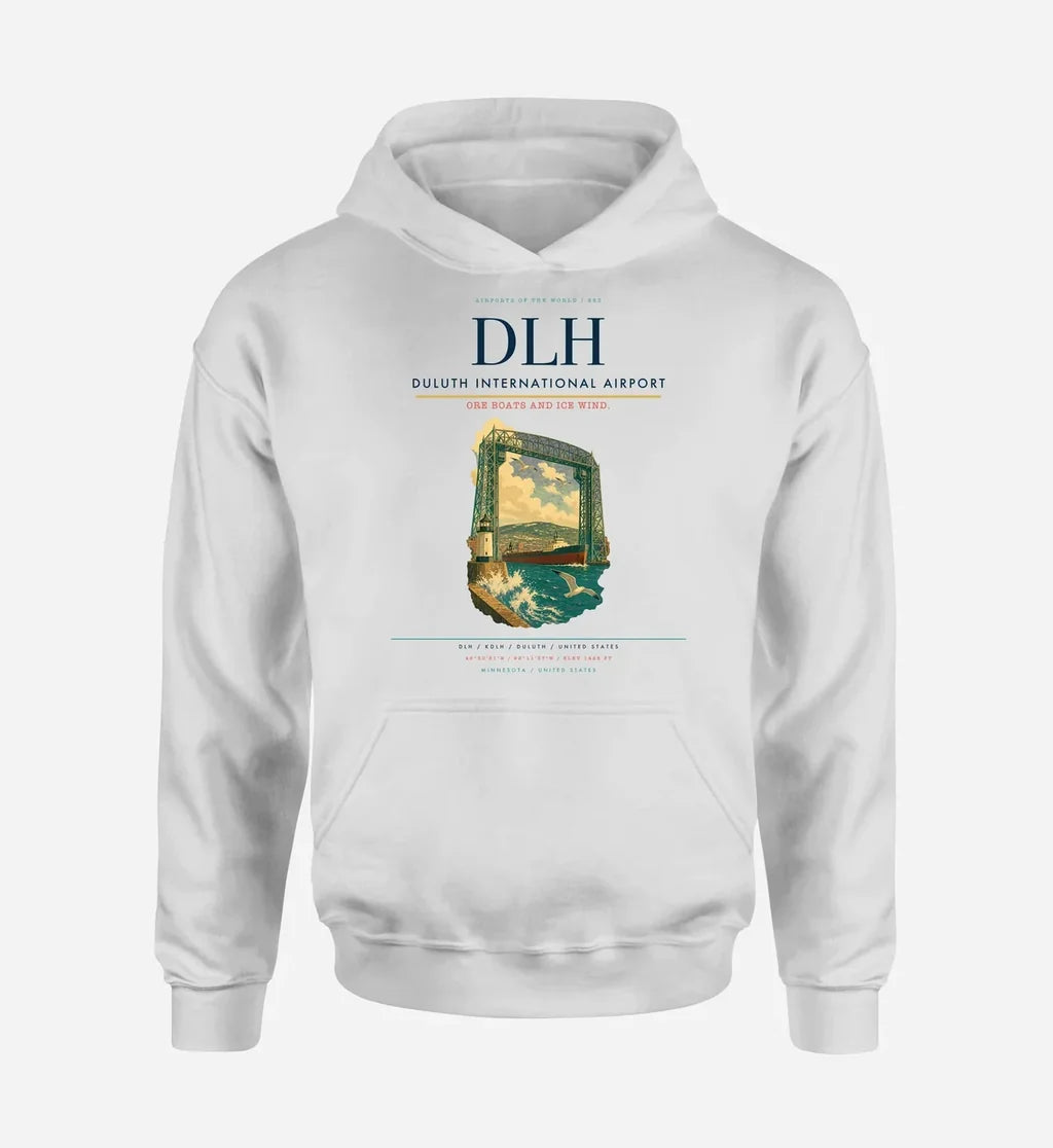 Duluth International Airport (DLH) design on white hoodie single-side print