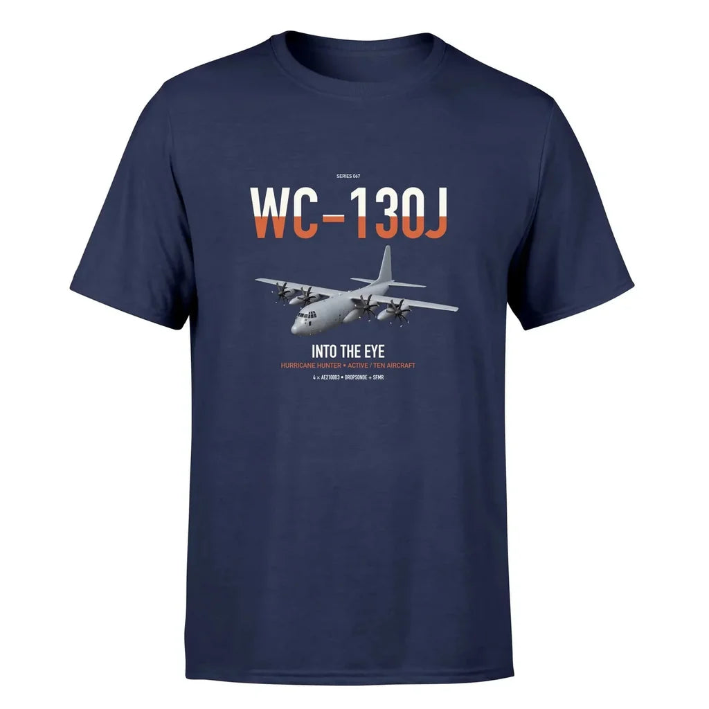 WC-130J Hurricane Hunter design on navy blue double-side t-shirt, single-side print