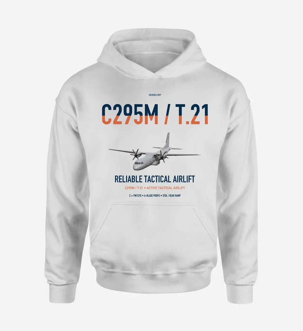 Airbus C295M T.21 design on white double-side hoodie, single-side print