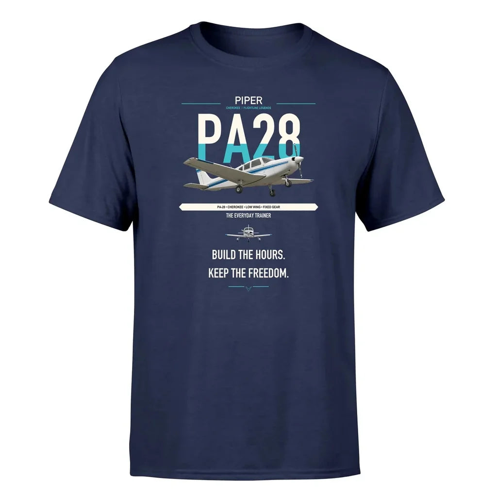 Piper PA-28 Cherokee design on navy blue t-shirt, single-side print