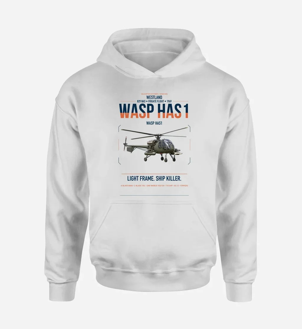 Westland Wasp HAS1 design on white double-side hoodie, single-side print