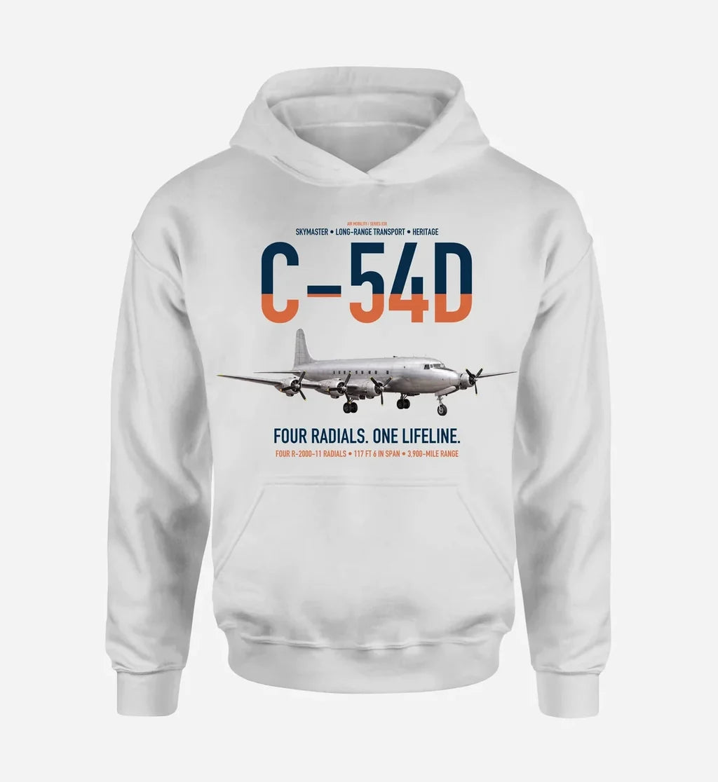 C-54D Skymaster design on white double-side hoodie, single-side print