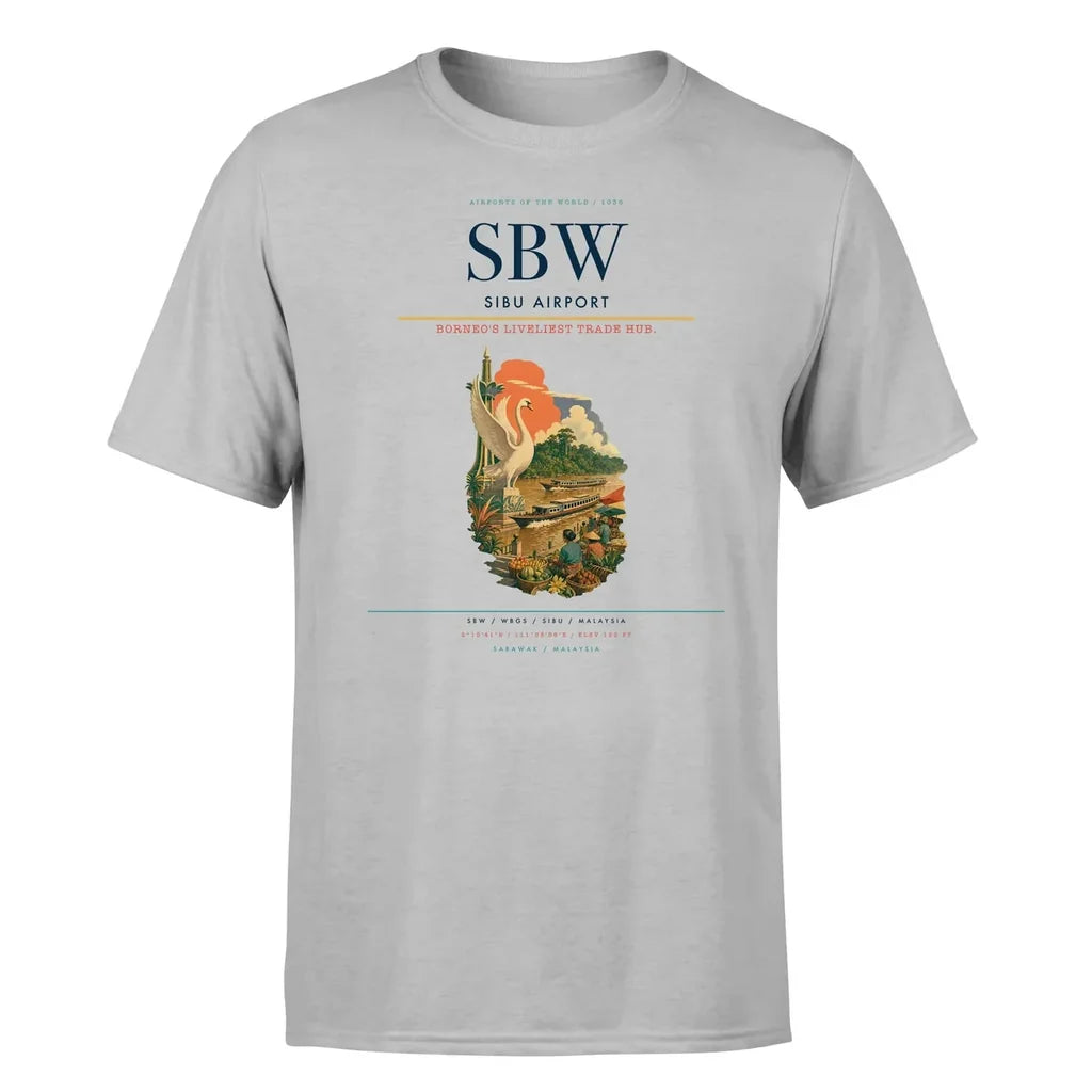 Sibu Airport (SBW) T-Shirt single-side front print in Light Gray | sibu-airport-sbw-double-side-t-shirt