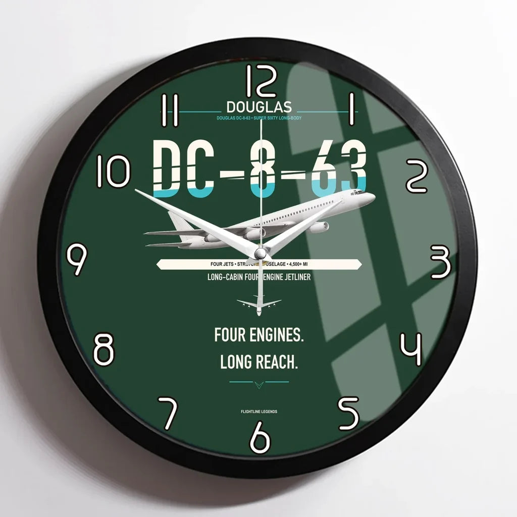 Douglas DC-8-63 design on dark green framed wall clock