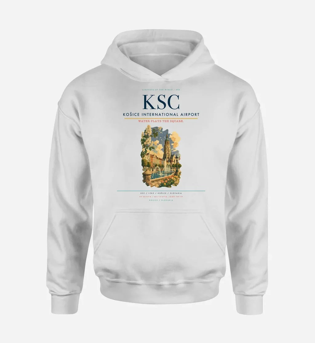Košice International Airport (KSC) design on white hoodie single-side print