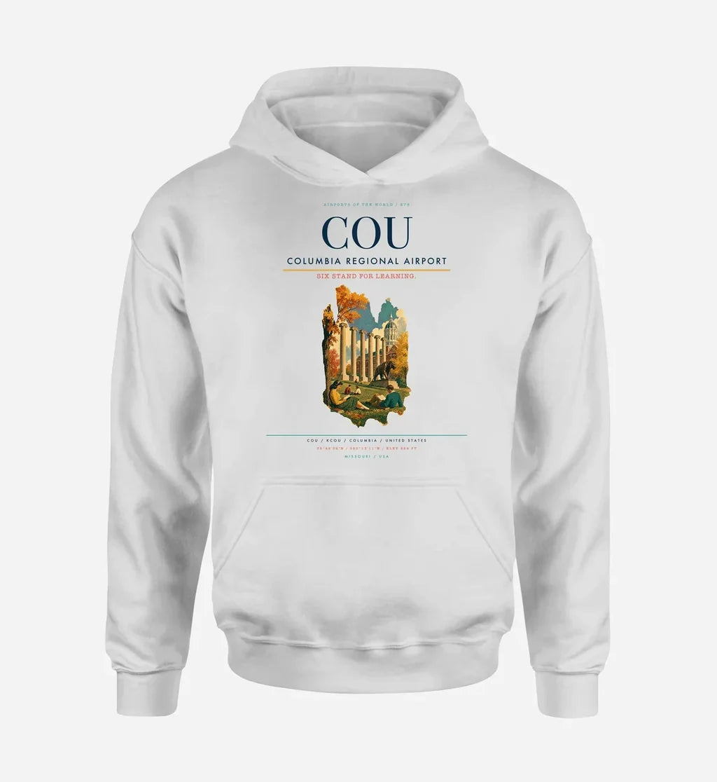 Columbia Regional Airport (COU) design on white hoodie single-side print