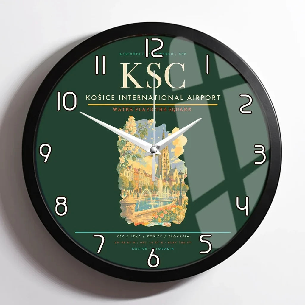 Košice International Airport (KSC) design on dark green framed wall clock
