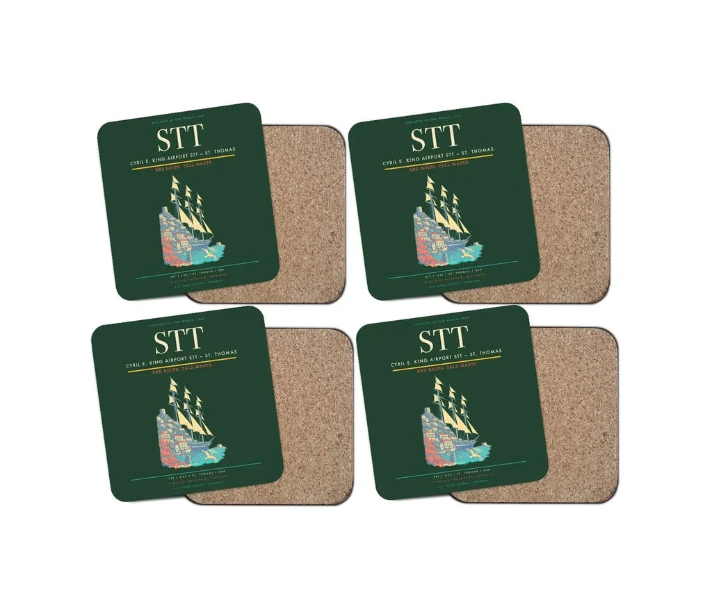 Cyril E. King Airport (STT) design on dark green 4 pieces set coaster