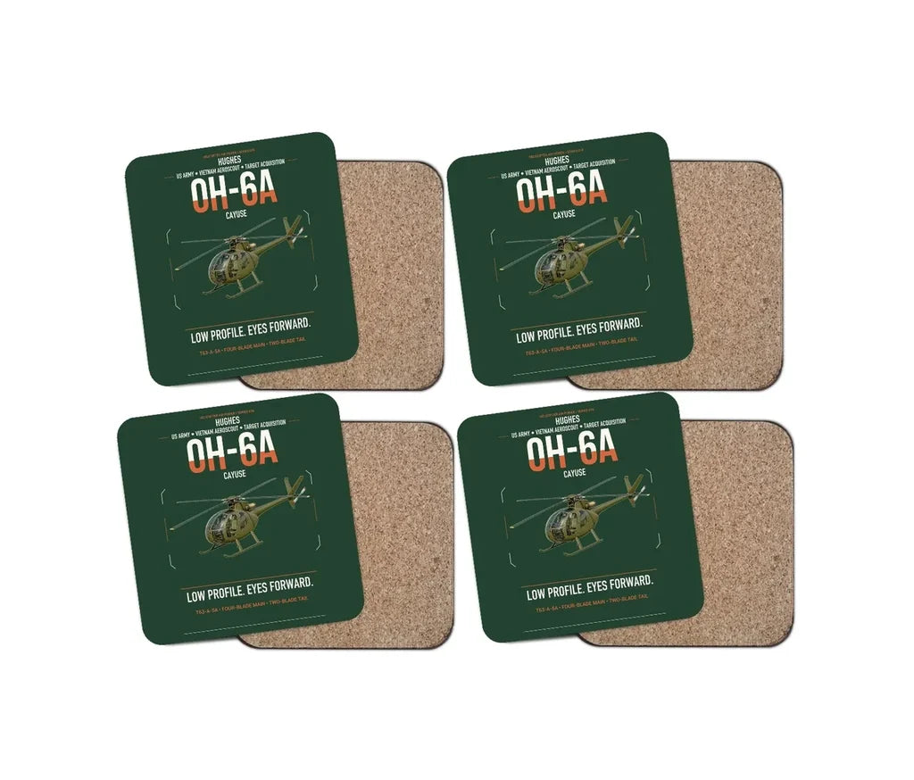 Hughes OH-6A Cayuse design on dark green 4 pieces set coaster