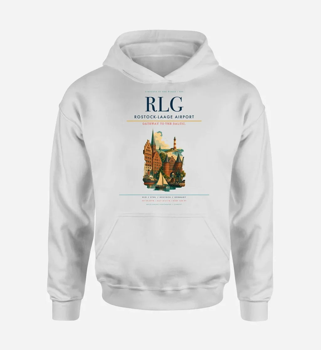 Rostock-Laage Airport (RLG) design on white hoodie single-side print