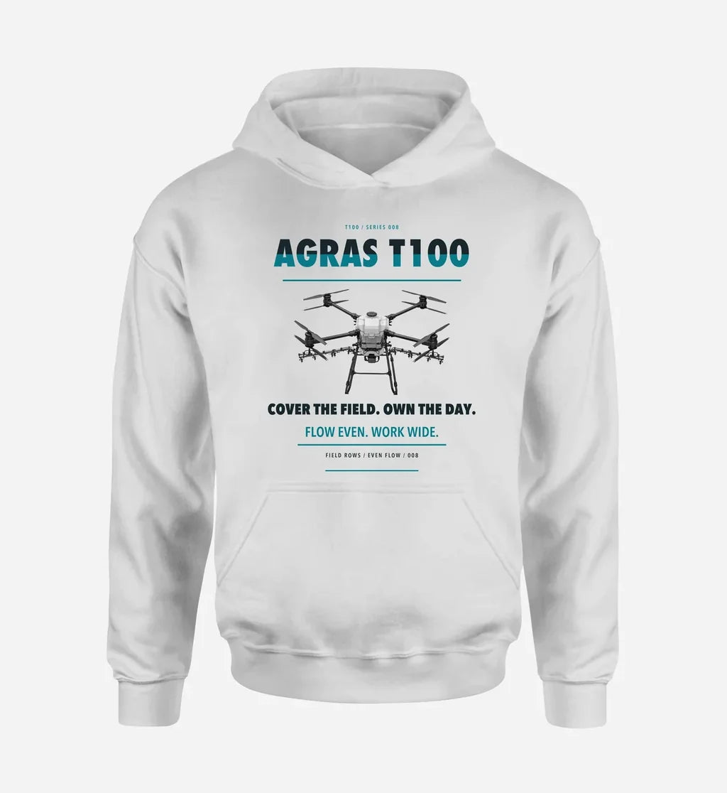 DJI Agras T100 design on white hoodie single side