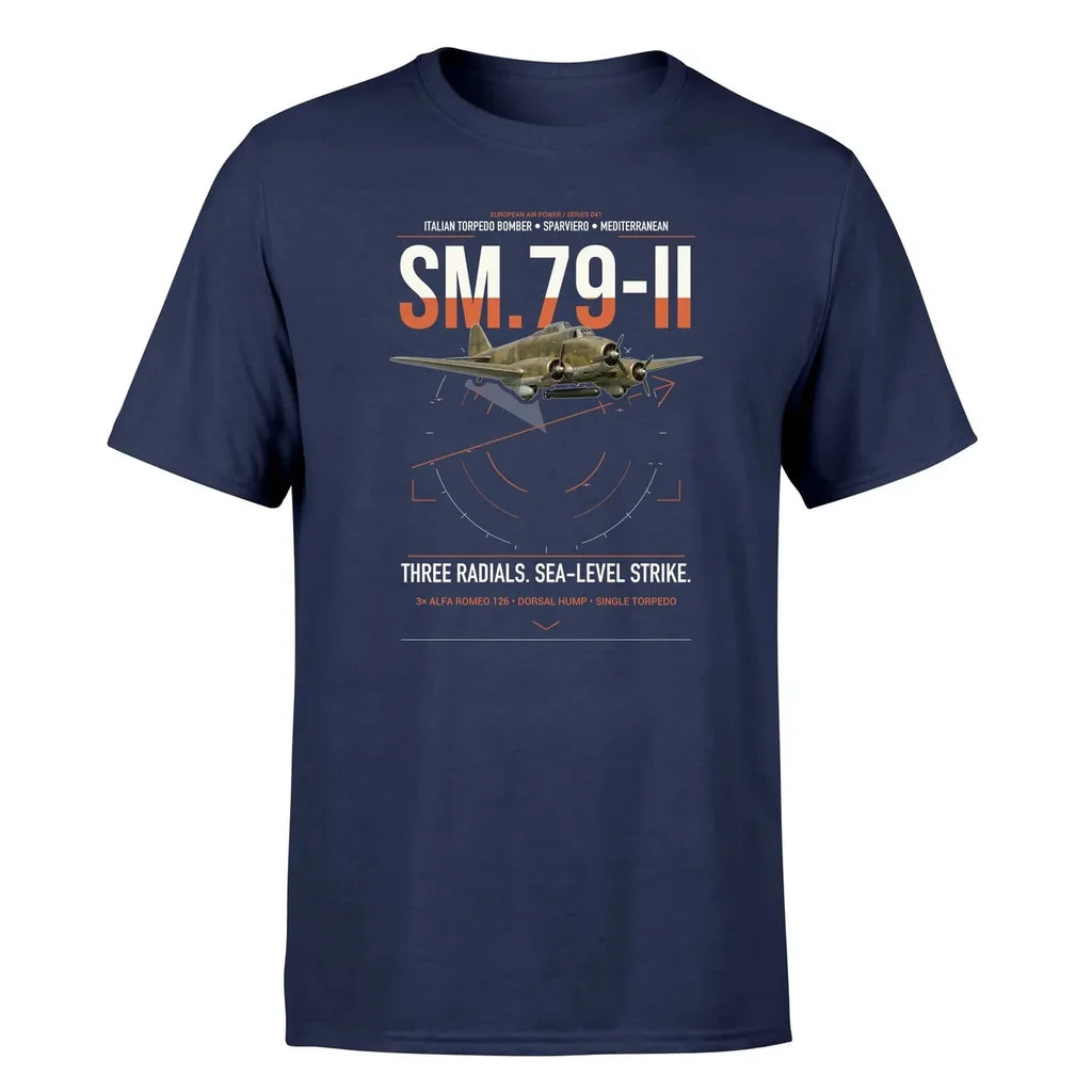 Savoia-Marchetti SM.79-II Sparviero design on navy blue t-shirt, single-side print