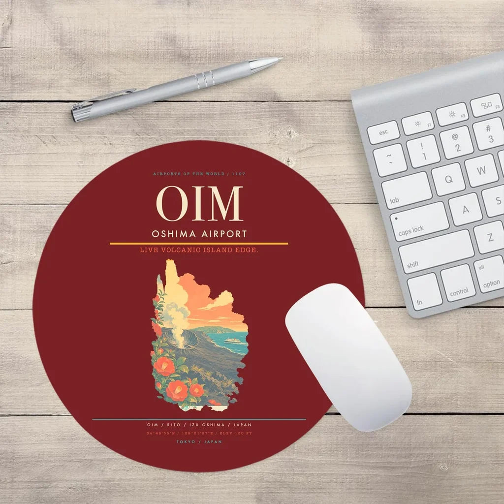 Oshima Airport (OIM) design on dark red round mouse pad