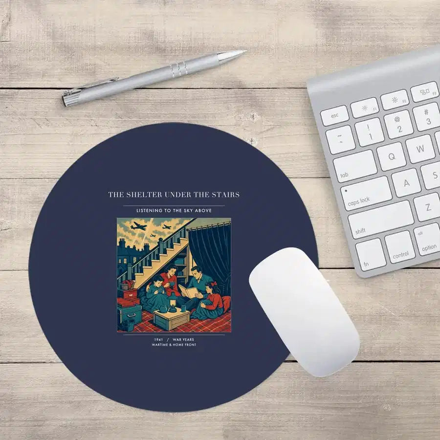 VINTAGE G4533 - The Shelter Under The Stairs - Designed Mouse Pads design on navyblue round
