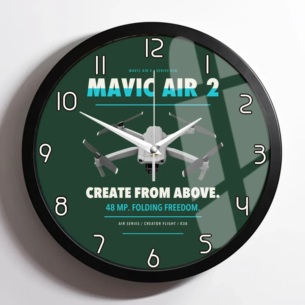 DJI Mavic Air 2 design on dark green framed wall clock