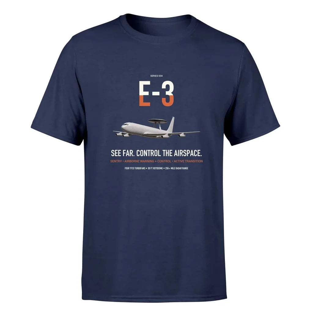 E-3 Sentry AWACS design on navy blue double-side t-shirt, single-side print