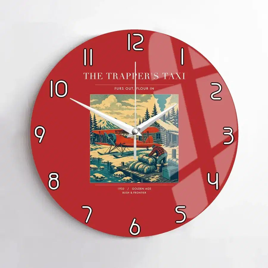 VINTAGE G4192 - The Trapper's Taxi - Designed Wall Clocks design on red no-frame