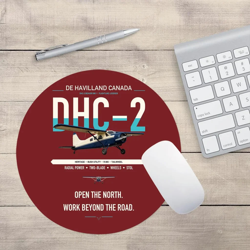 DHC-2 Beaver Mk I design on dark red round mouse pad