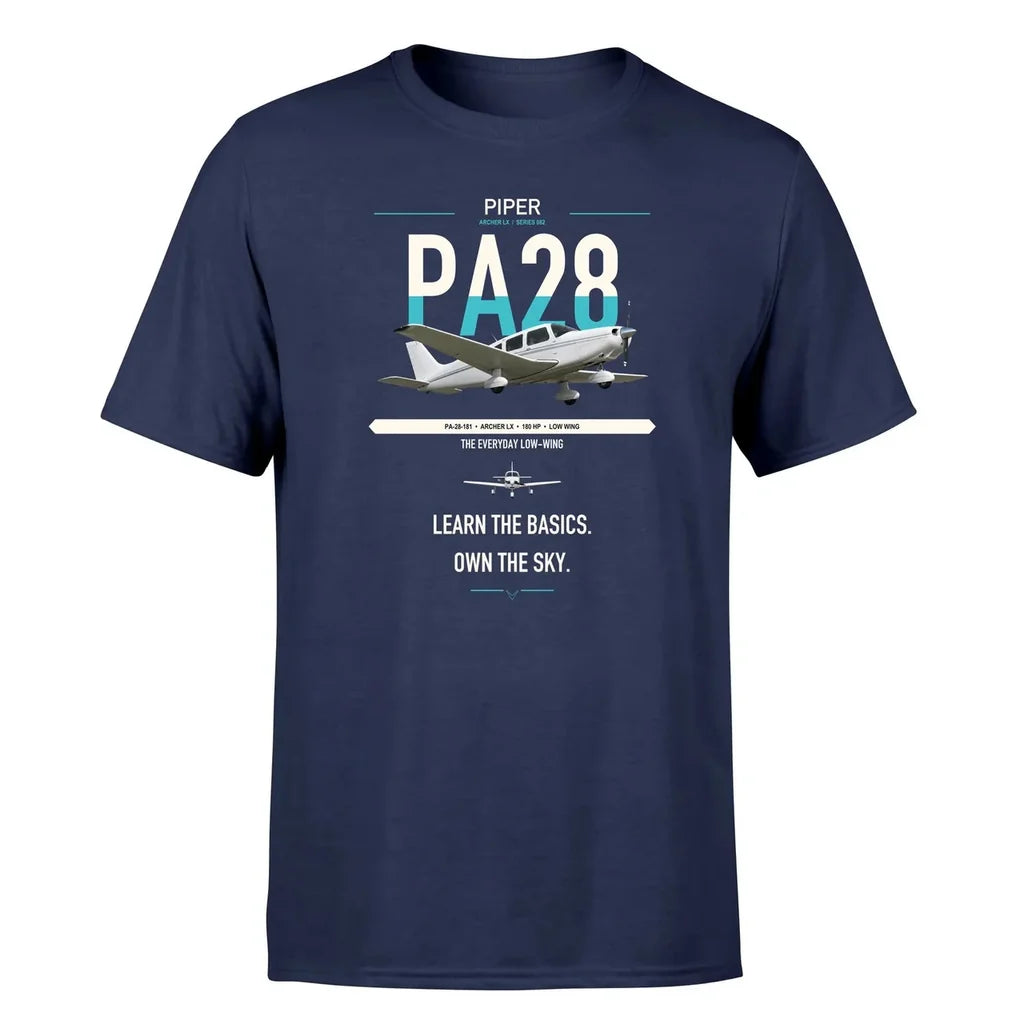Piper PA-28-181 Archer LX design on navy blue t-shirt, single-side print