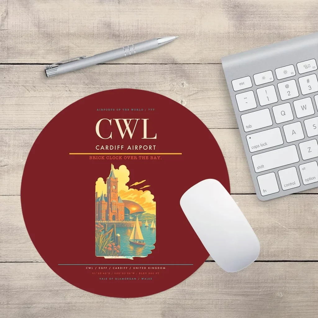 Cardiff Airport (CWL) design on dark red round mouse pad