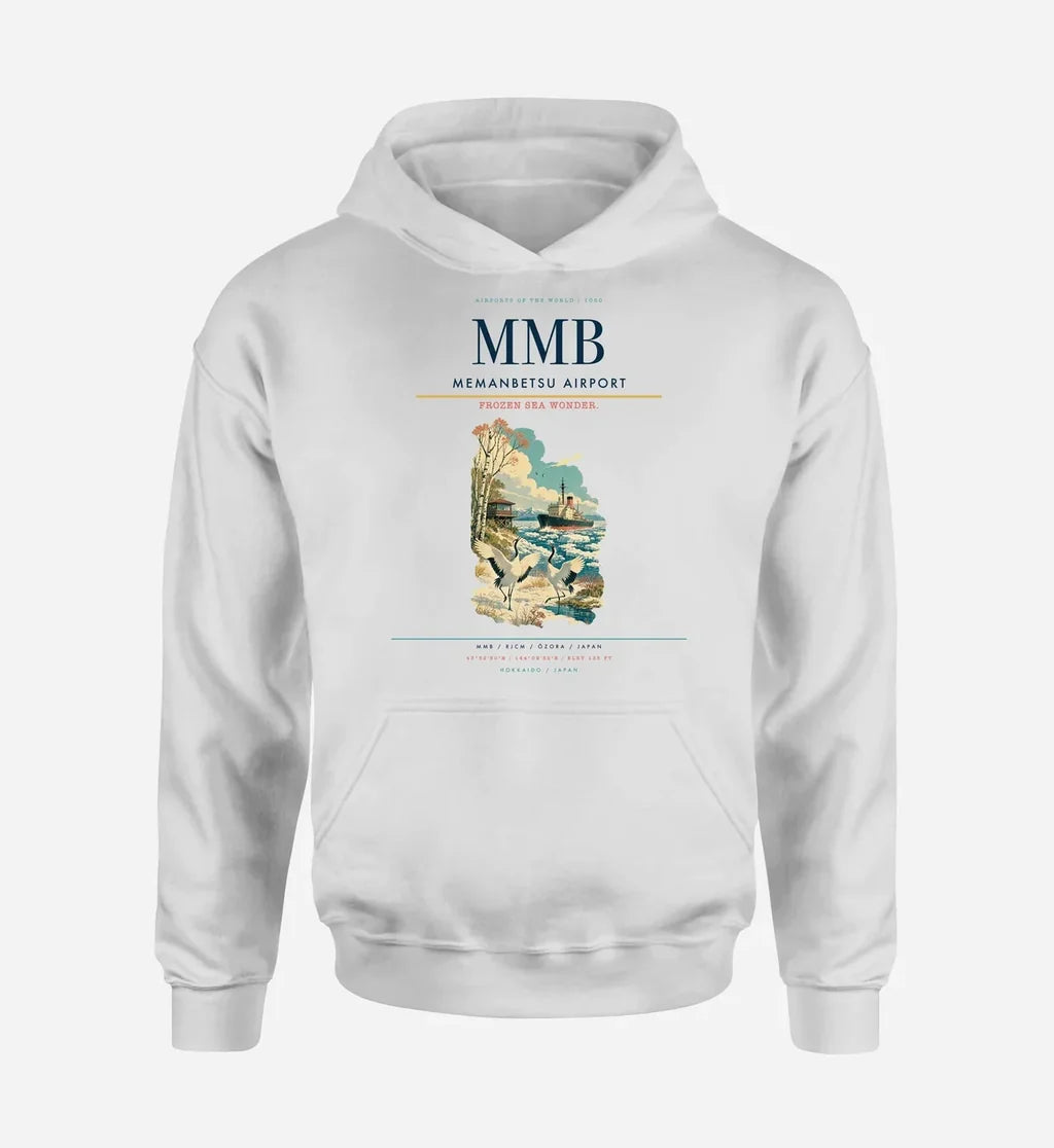 Memanbetsu Airport (MMB) design on white hoodie single-side print